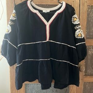 entro Black Peasant Tunic with White Trim and Yellow Embroidery